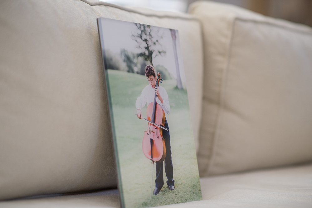 Boy playing cello acrylic frame by Keli Melo photographer in North Dallas